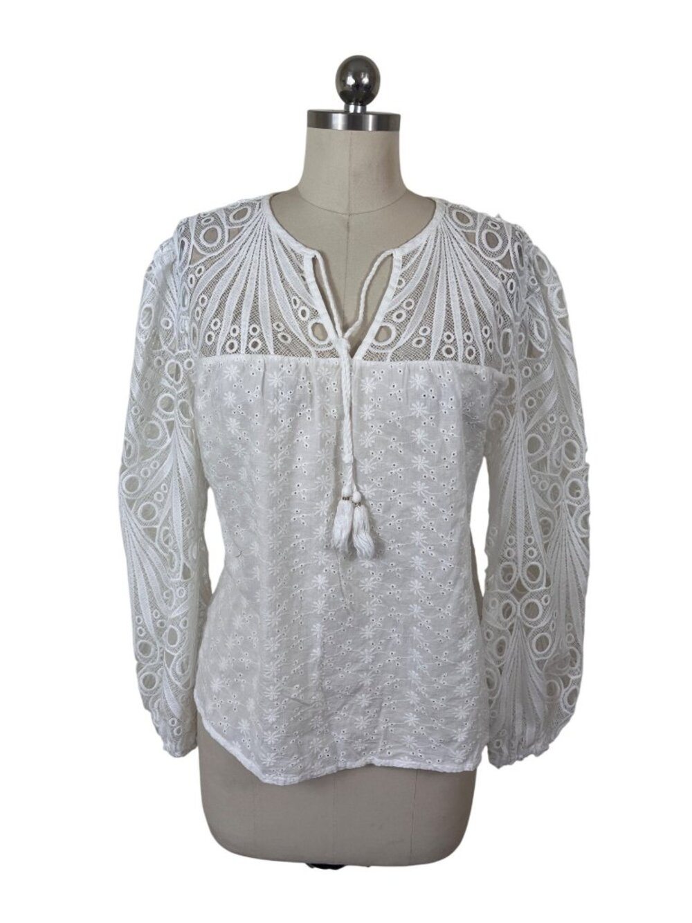 Adiva Boho-Chic Cottage Crochet Tassel Smock Top Womens Small White Long Sleeve